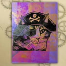 Pirate Cat One off Hand-Pulled Linocut & Gelli Print Purple