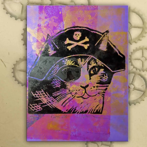 Pirate Cat One off Hand-Pulled Linocut & Gelli Print Purple