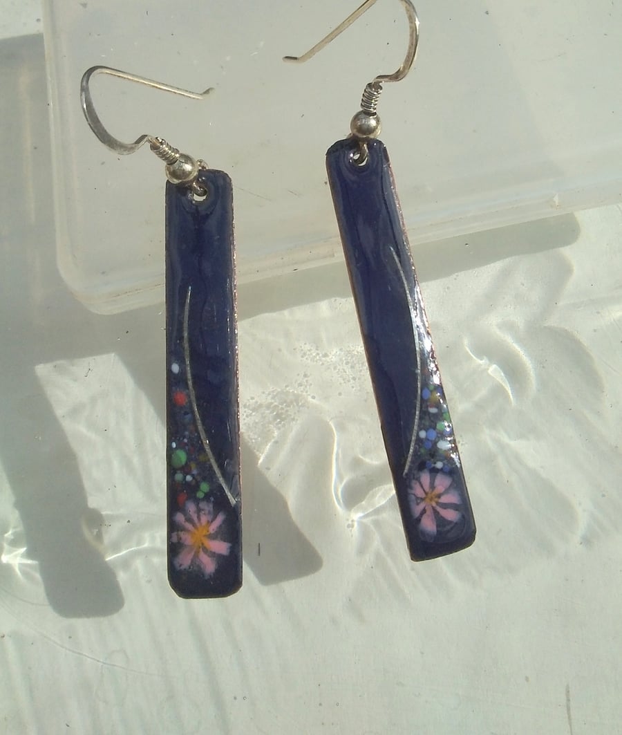 LONG SLIM ENAMELLED EARRINGS WITH STERLING SILVER WIREWORK & FLORAL DESIGN