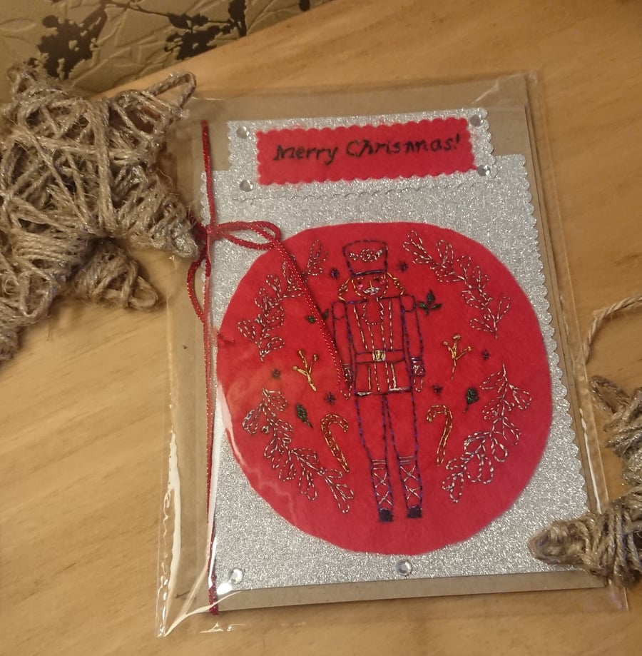 Toy Soldier Christmas Card, Hand embroidered 