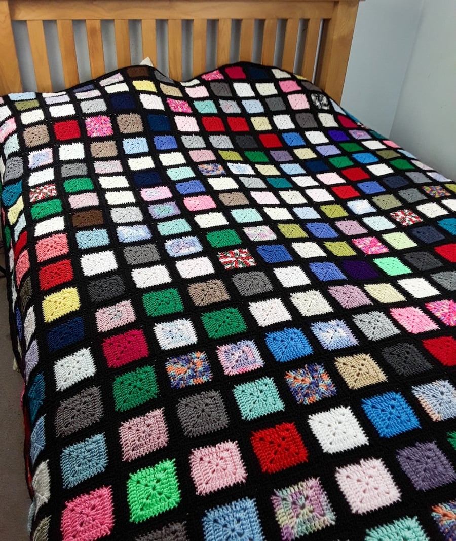 Hand crocheted King size traditional vintage style granny square blanket  