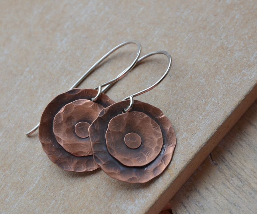 Handmade Copper Disc Earrings with Sterling Silver Earwires