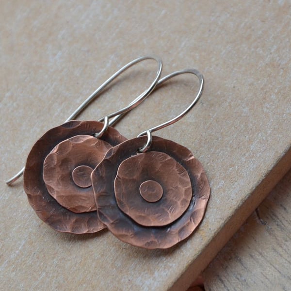 Handmade Copper Disc Earrings with Sterling Silver Earwires