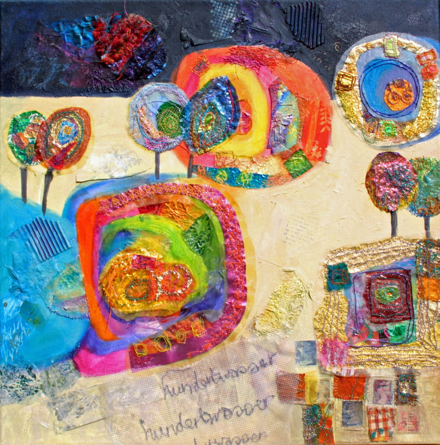  Abstract Art, mixed media with embroidery inspired by Hundertwasser