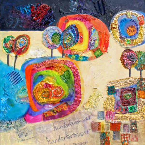  Abstract Art, mixed media with embroidery inspired by Hundertwasser