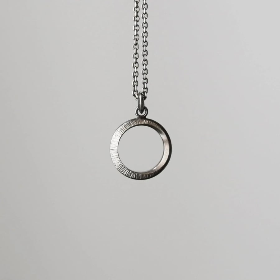 Crescent Moon Silver Circle Necklace, Oxidised Sterling Silver, Hammered Texture