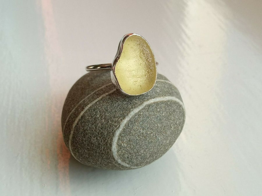 Lemon Yellow Seaglass Ring in Fine Silver & Recycled Sterling Silver UK Size L