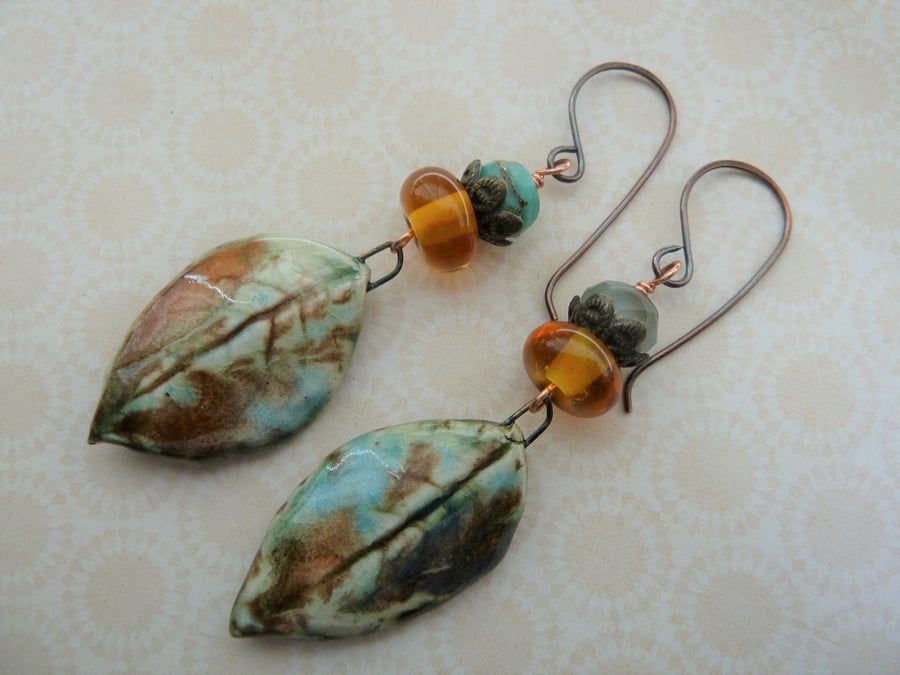 autumn leaves copper, lampwork and ceramic earrings