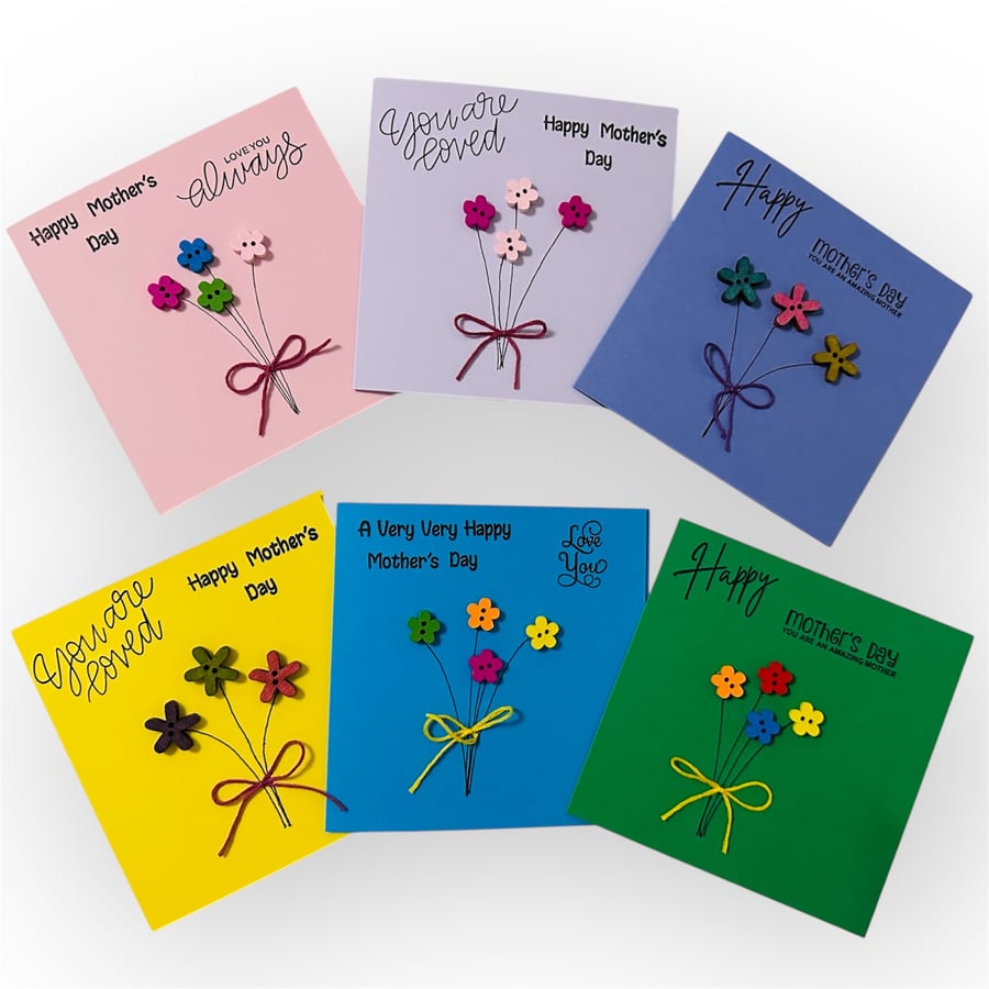  Mother’s Day card with wooden buttons , Flower bouquet, assorted designs.  