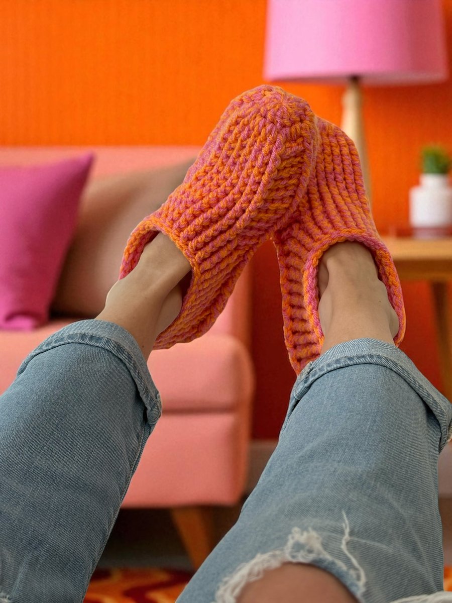 Pink & Orange Crochet Slipper Socks – Handmade Cosy Socks