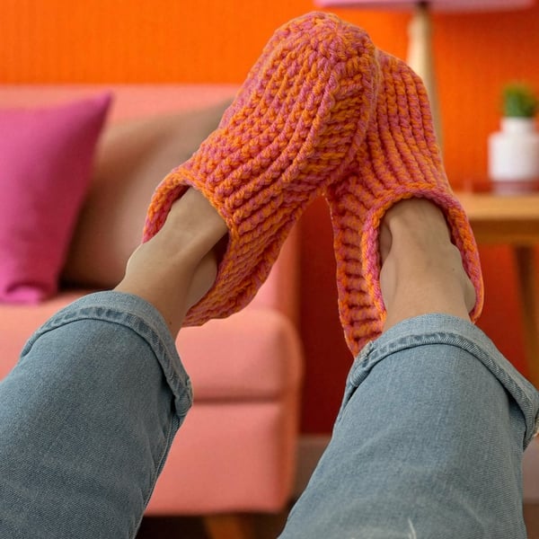 Pink & Orange Crochet Slipper Socks – Handmade Cosy Socks