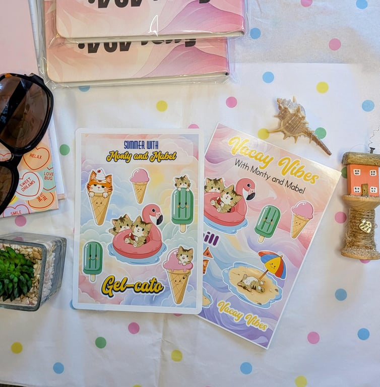 Monty and Mabel Summer Cat Stickers, Pastel Beach Planner Decals (Set of 2) 