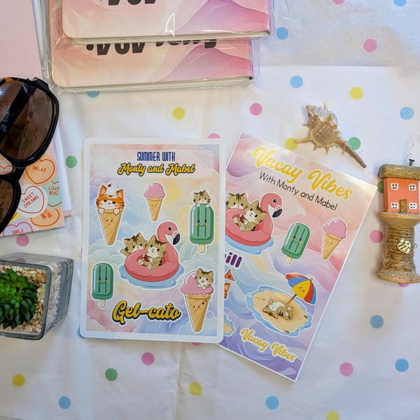 Monty and Mabel Summer Cat Stickers, Pastel Beach Planner Decals (Set of 2) 