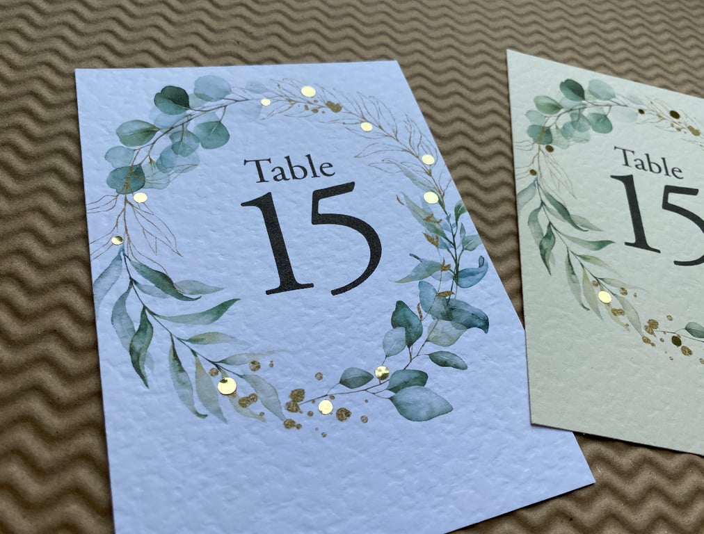 Eucalyptus golden foliage wreath TABLE NUMBERS leaves rustic wedding card