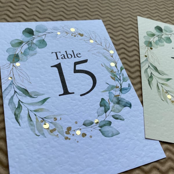 Eucalyptus golden foliage wreath TABLE NUMBERS leaves rustic wedding card