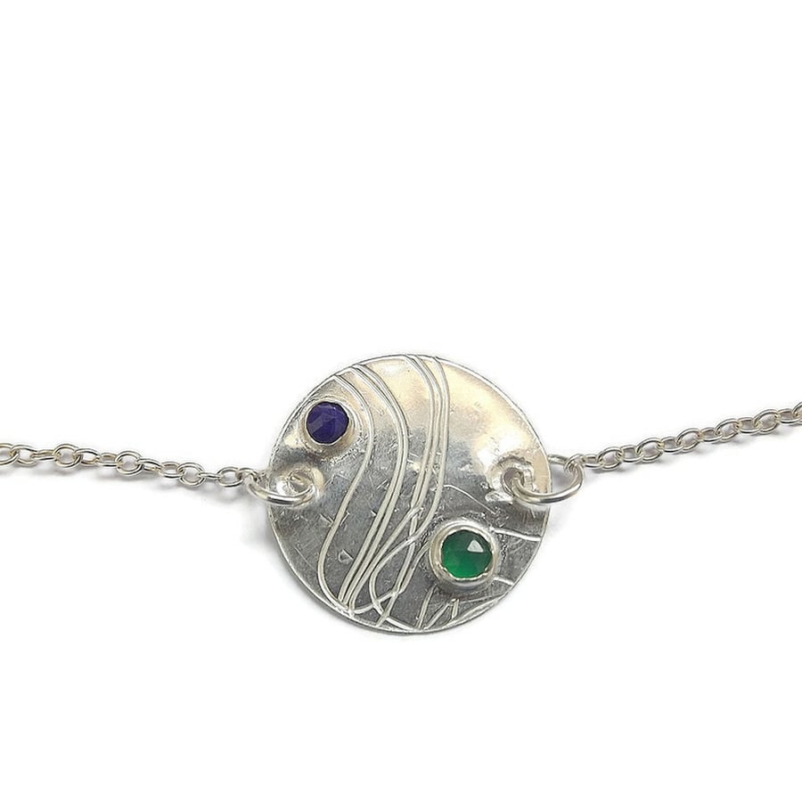  Silver handmade disc pendant  set with rose cut gemstones