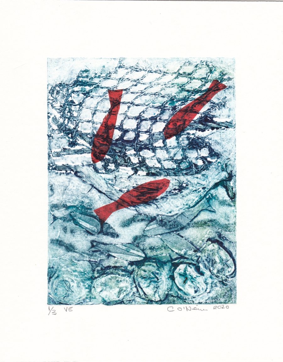  Original Collagraph Print - Catching Fish Recycled Art  