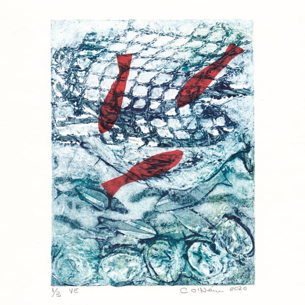  Original Collagraph Print - Catching Fish Recycled Art  