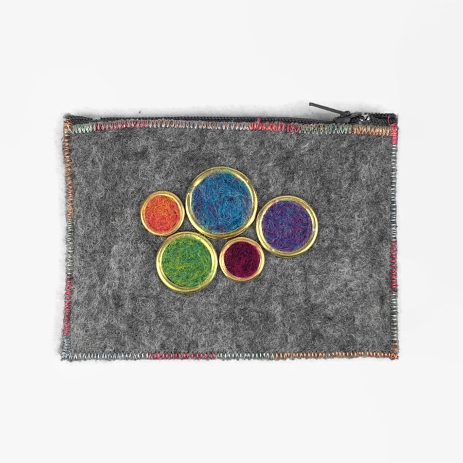Grey felt coin purse with brightly coloured circles