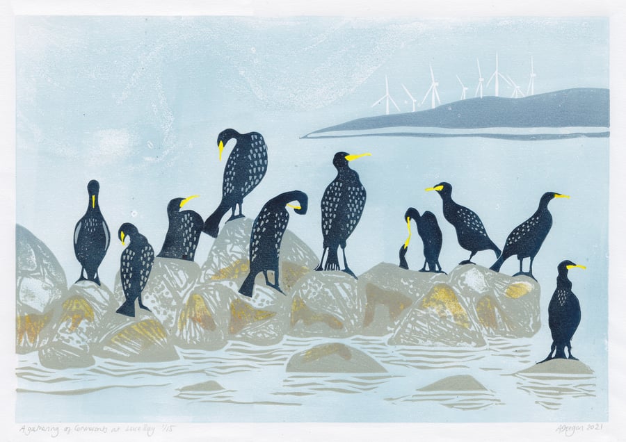 Cormorants at Luce Bay original lino print
