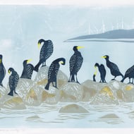 Cormorants at Luce Bay original lino print