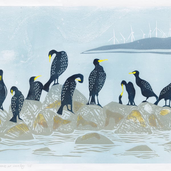 Cormorants at Luce Bay original lino print