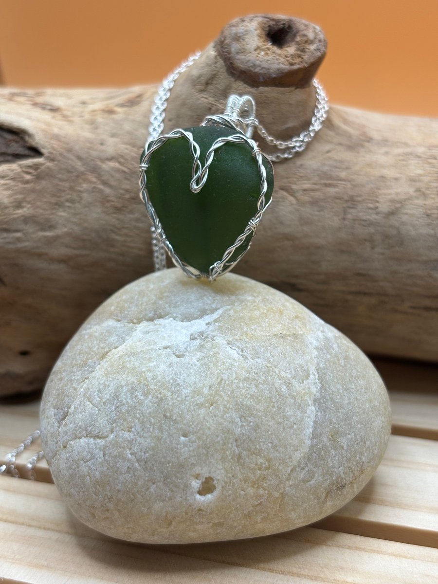 Scottish Green Sea Glass Pendant, Unique design, Heart