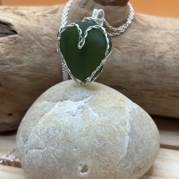 Scottish Green Sea Glass Pendant, Unique design, Heart