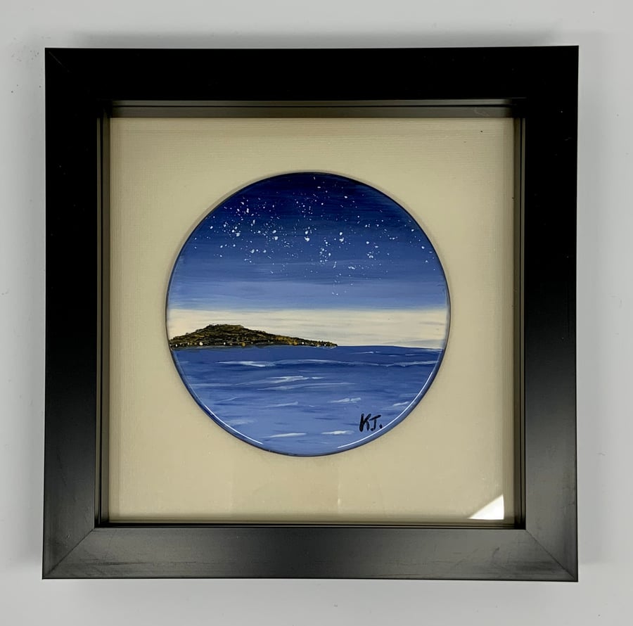 Framed Circular Hand painted Enamel nighttime seascape on glass
