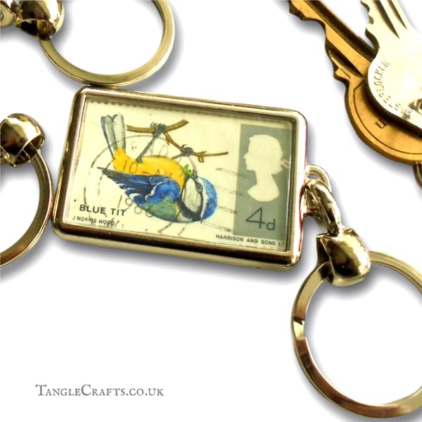 Blue Tit Keyring, made with 1966 postage stamp - British bird lover gift