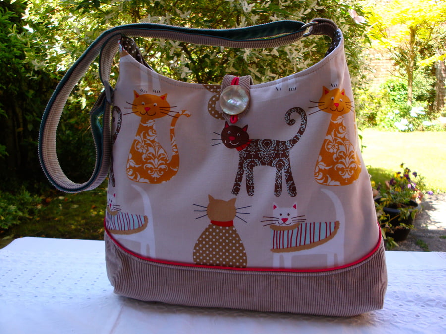 Cotton Shoulder Bag - Cross body bag - cats - zip pocket - handmade .