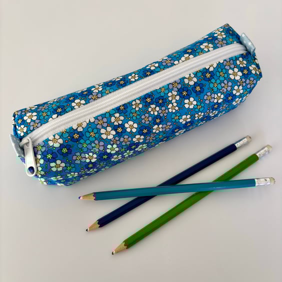 Blue floral pencil case - padded zipped fabric pouch for pens, crafts, makeup
