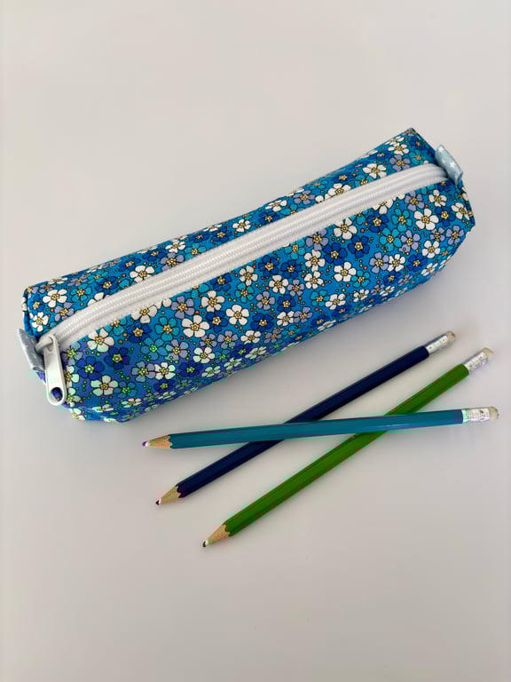 Blue floral pencil case - padded zipped fabric pouch for pens, crafts, makeup