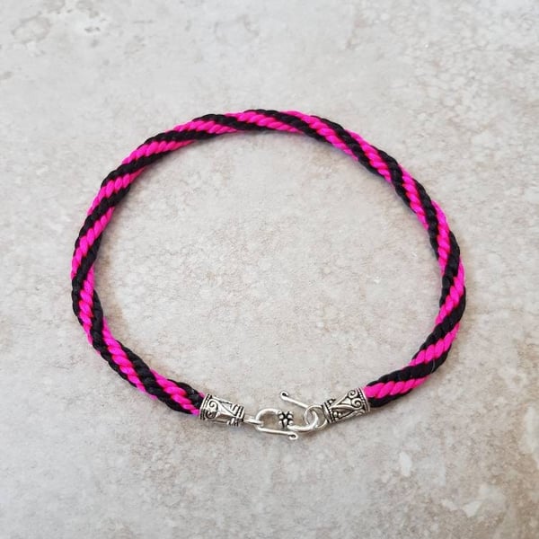 Pink and Black Ankle Bracelet, Braided Fabric anklet