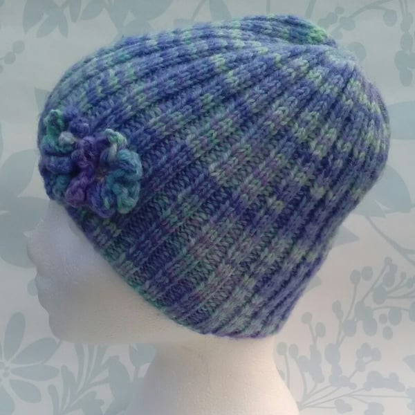 Handknit hand dyed Shetland 3 flowered ribbed beanie hat blues SMALL MEDIUM