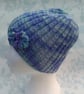 Handknit hand dyed Shetland 3 flowered ribbed beanie hat blues SMALL MEDIUM - Image 1