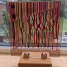 Paint drip panel Fused glass on wooden stand 