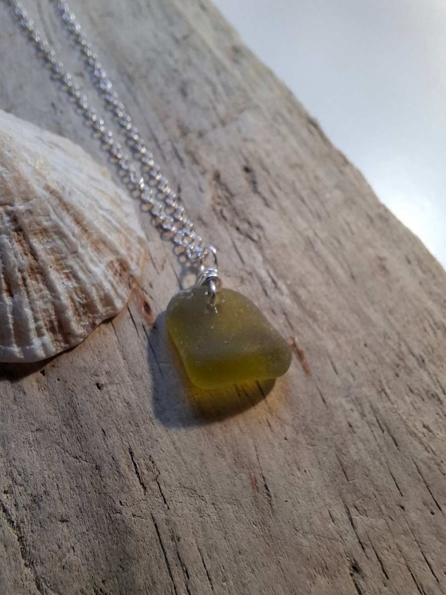 Dainty Lime Green Marazion Sea Glass Necklace Sterling Silver N677
