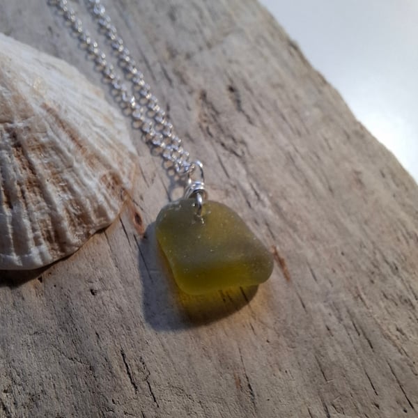 Dainty Lime Green Marazion Sea Glass Necklace Sterling Silver N677