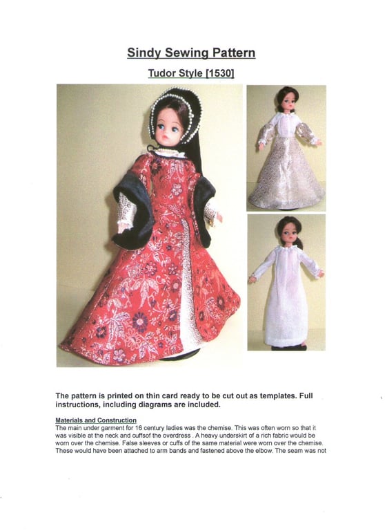 Sindy Sewing Pattern, Tudor Style c1530