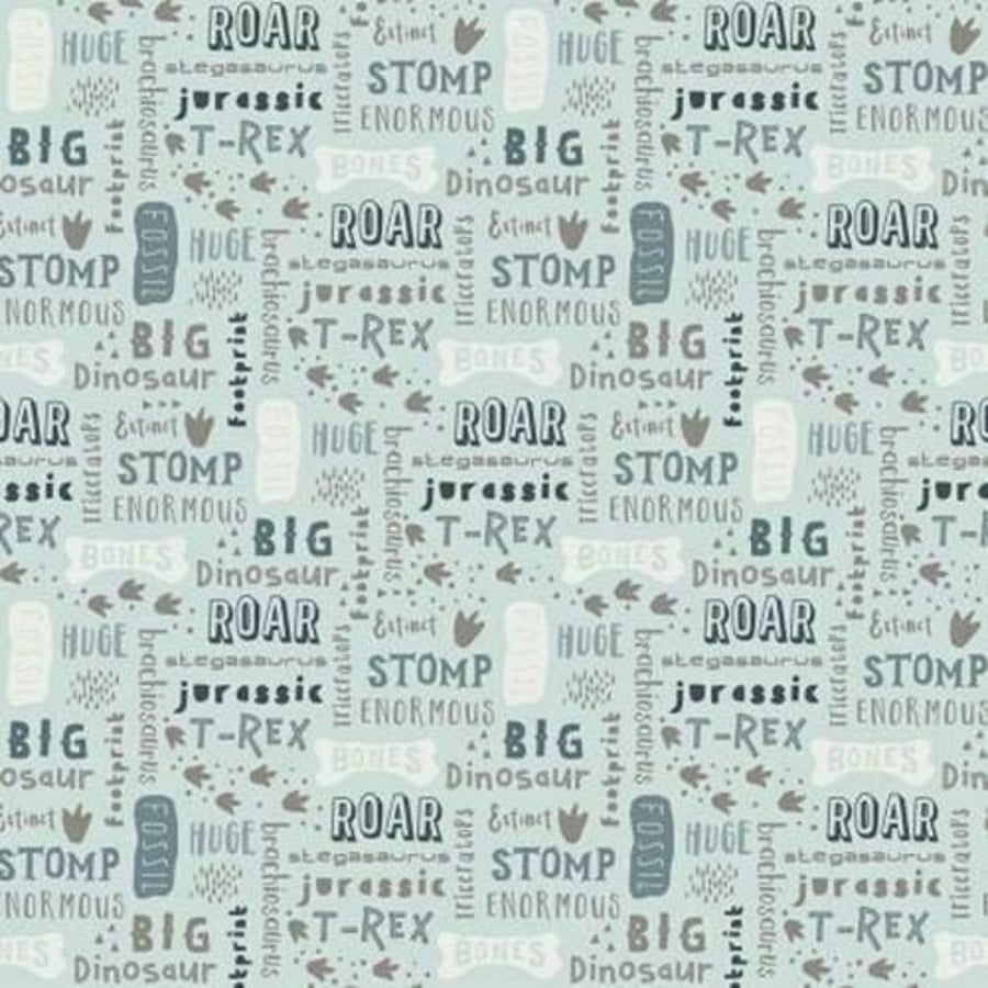 Fat Quarter Fossil Rim Roar and Dino Words On Blue 100% Cotton Quilting Fabric