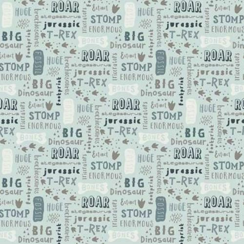 Fat Quarter Fossil Rim Roar and Dino Words On Blue 100% Cotton Quilting Fabric