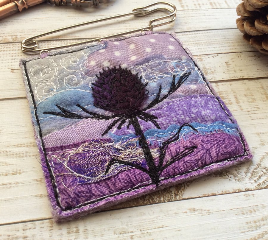 Embroidered wild flower kilt pin brooch. 