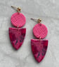 Handmade Polymer Clay Statement Drop Earrings – Pink Floral Shield Design - Image 2