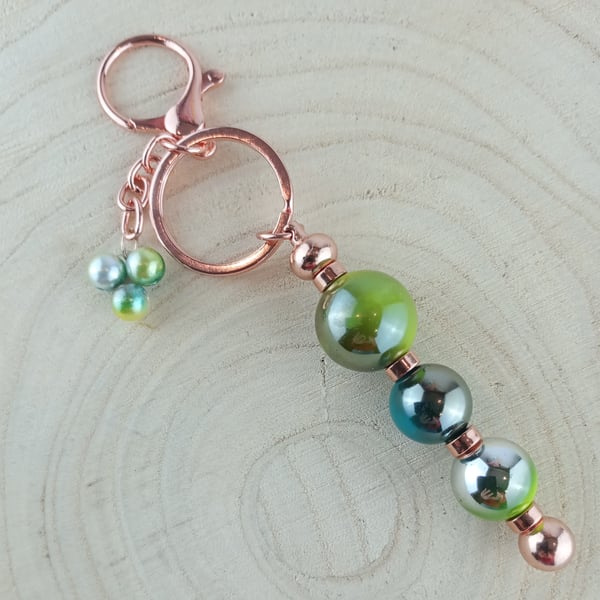 Rose gold green beaded keyring with three beaded charm