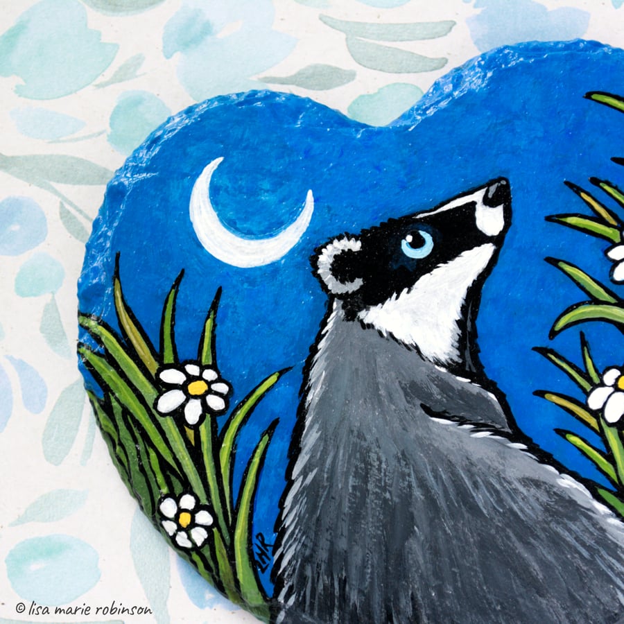 European Badger Painting on Slate Heart - Ready to Hang
