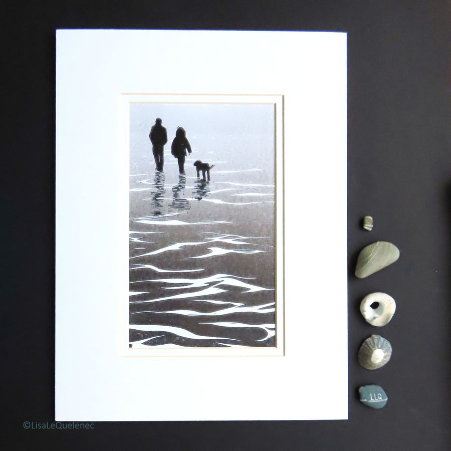 Image of Winter walkies black and white monoprint mounted and ready to frame