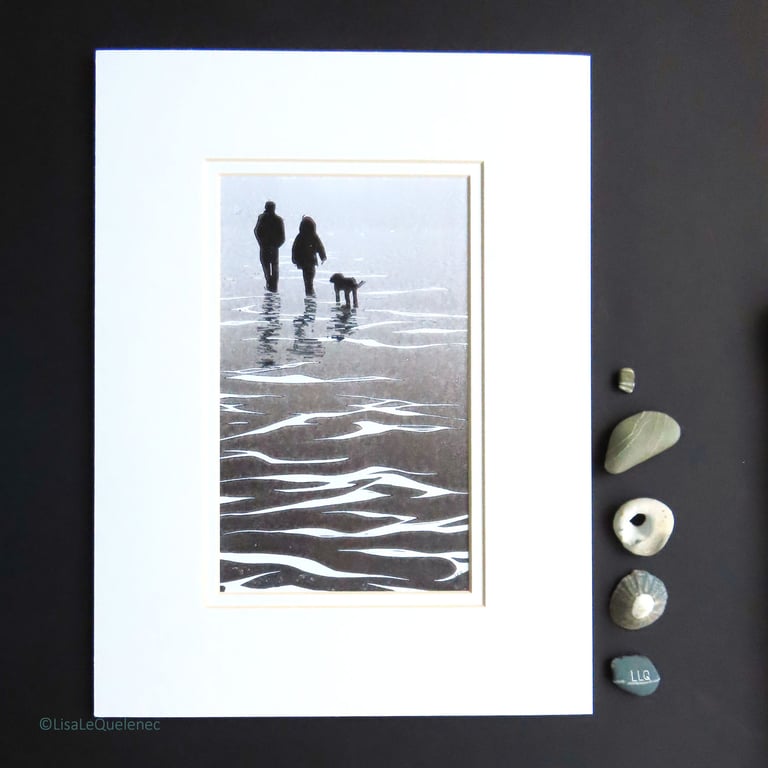 Winter walkies black and white monoprint mounted and ready to frame