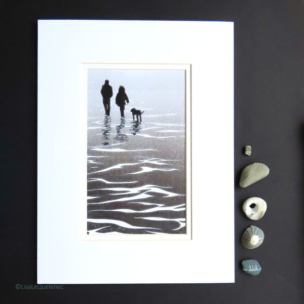 Winter walkies black and white monoprint mounted and ready to frame