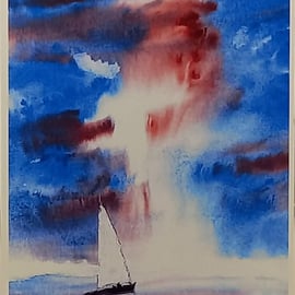 Art Print 5 x 7 - Turbulent Skys -Seascape - Sail Boat Wall Decor - Signed Print